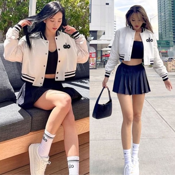 ALO YOGA White Cropped G.O.A.T varsity jacket SZ S - Picture 2 of 9